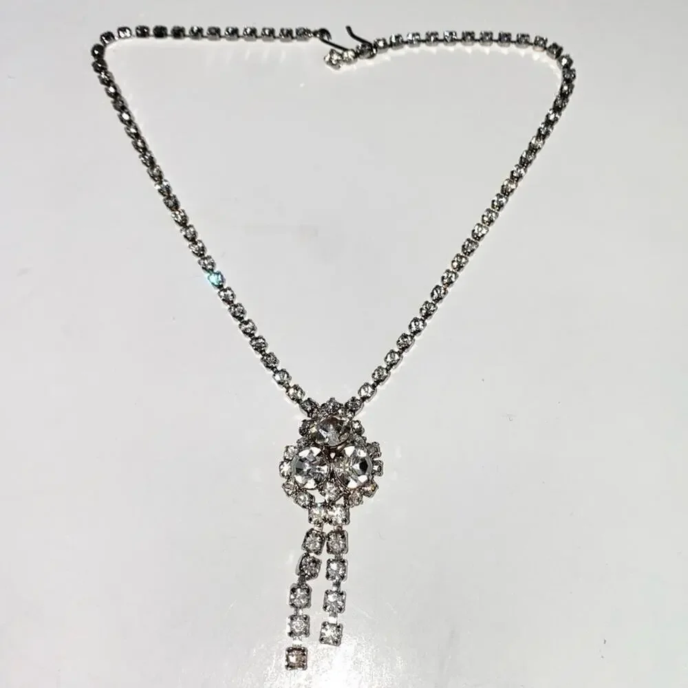 Vintage Rhinestone Necklace Dangle Retro Formal Prom Choker Clear Faux‎ Diamonds